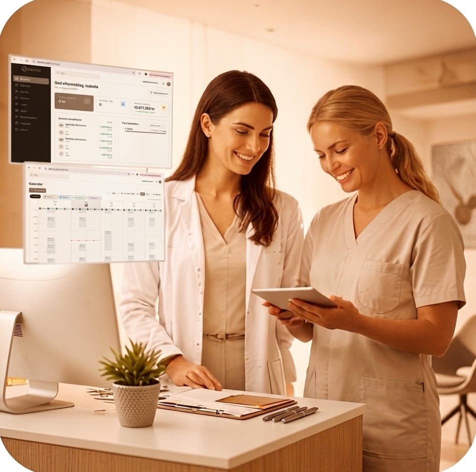 Clinic staff using Qlienta dashboard and calendar on desktop and tablet